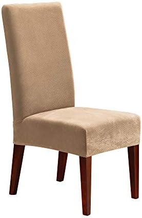 Sure Fit, Cream Home Décor Stretch Pique Short Dining Room Chair One Piece Slipcover, Form Fit, Polyester/Spandex, Machine Washable, Color, 42 Inch Tall