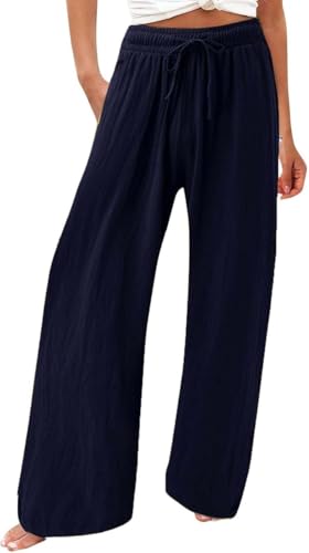 Women's Elastic High Waisted Linen Pants Drawstring Wide Leg Palazzo Pant Comfy Lounge Beach Trousers with Pocket