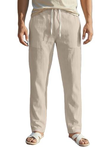 Image of Men's Linen Drawstring Pants, Casual Beach Trousers, Lightweight Breathable