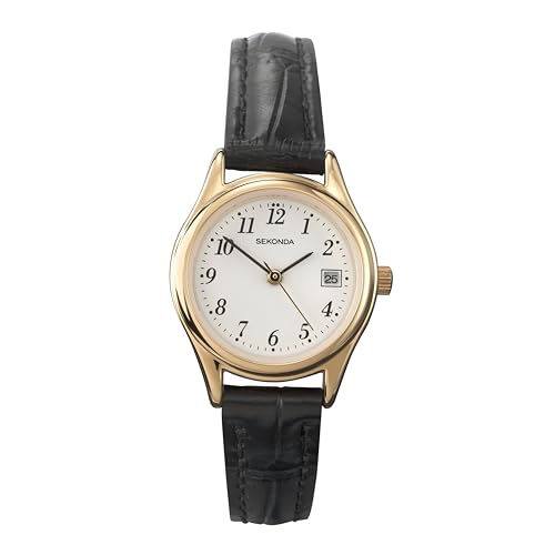 Sekonda Womens 27mm Robinson Analogue 3 Hand Classic Quartz Watch Gold Case with White Dial Date Window and Black Leather Strap 30m Water Resistant