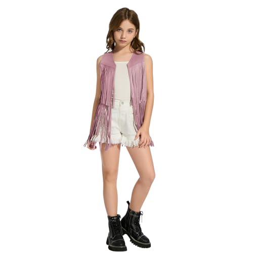 Image of Girls Kids Fringe Vest Sleeveless Western Cowgirl Vest 60s 70s Hippie Faux Suede Tassels Jacket for Halloween