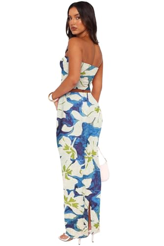 Image of Two Piece Dress Outfits for Women Sleeveless Tube Tops Bodycon Maxi Dress Summer Strapless Crop Top Sexy Suits Set