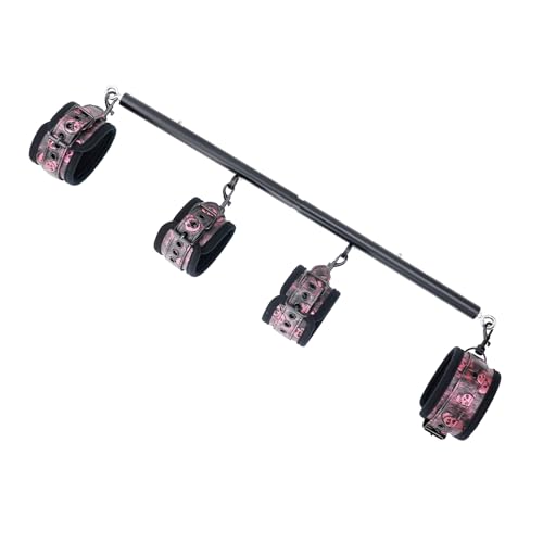 Heavy Duty Stainless Steel Expandable Black Spreader Bar with 4pcs PU Black-Pink Skull Pattern Detachable Adjustable Straps Workout Bar for Home Indoor Gym Training Kit