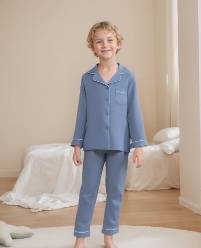 Aablexema Unisex Kids Pajamas Set Button-Down Long Sleeve Cotton Sleepwear Lounge Set for 5-13 Years3