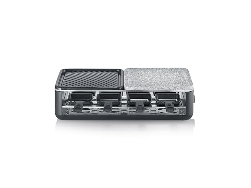SEVERIN - Raclette grill con piedra natural y placa de grill con 8 sartenes con revestimiento antiadherente 1300 W Negro RG 2366