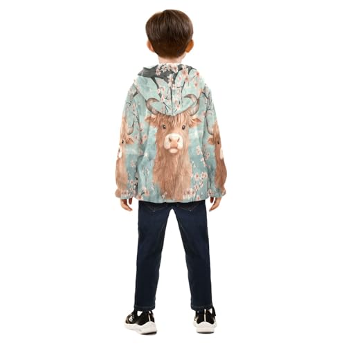Highland Cow Cherry Blossom Toddler Fleece Jacket Girl Boys Hooded Fleece Jacket Coat Warm Outwear Zip-up 3-10T4