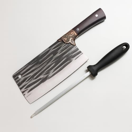 Image of Machado Forging Serbian Chef Knife Set - 12 inch Full Tang High Carbon Clad Steel Butcher Cleaver with Knife Sharpener - Perfect for Vegetables, Fish, Meat - Ideal for Kitchen, Hotel, Restaurant