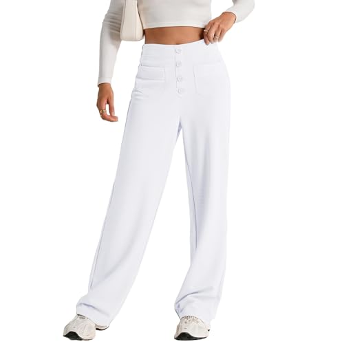 High Waist Work Pants for Women Business Work Casual Trousers Straight Leg Button Down Pants with Pockets Office Dress