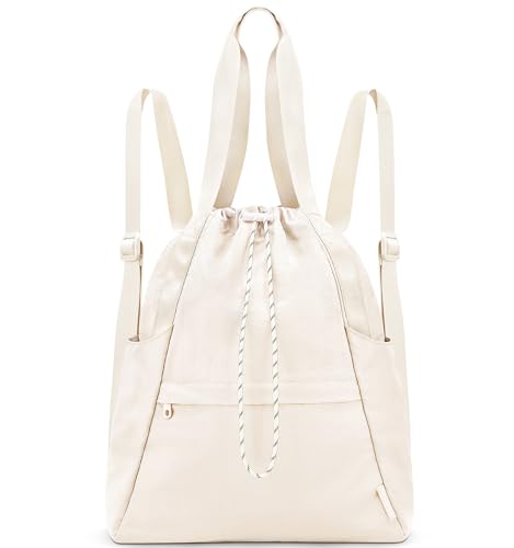 ROSECER Drawstring Gym Backpack with Wet Pocket, Gym Bag for Women Men, Water Resistant Travel Tote Bags for Women, Drawstring Sports Bag for Beach Swim Travel Workout, Beige