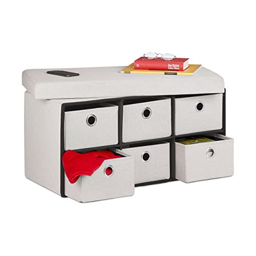 Relaxdays Banco Almacenaje, Baúl Plegable, 6 Cajones, Mueble con Asiento Recibidor, Pasillo, Salón, 39x76x38 cm, Crema, Gomaespuma