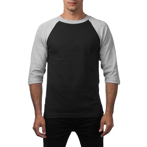 Pro Club Men's 3/4 Sleeve Crew Neck Baseball T-Shirt, Black/Heather Gray, Medium