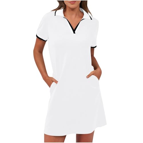 Women's Polo-Dress Short Sleeve V Neck Casual Tennis Dress Golf Mini Shirt Dresses with Pockets Workwear Sundress(White,Large)