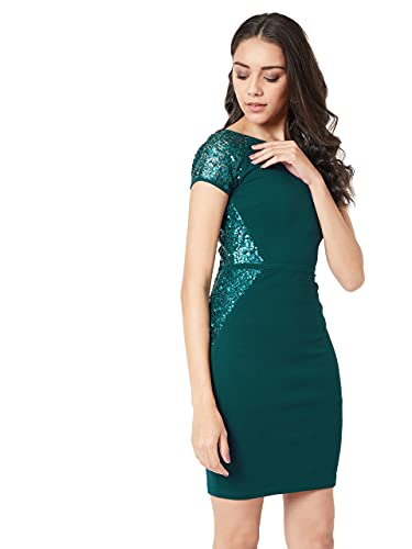 Image of Miss Chase Women's Green Round Neck Raglan Sleeves Solid Bodycon Paneled Mini Dress