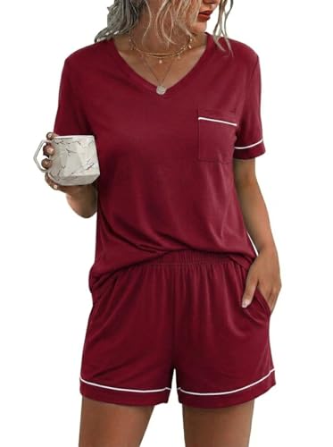 Image of Ekouaer Pajamas for Women Set Short Sleeve Loungewear Soft Pjs Shorts Set | V Neck Sleepwear with Pocket,Comfy Lounge Sets,Comfortable Fit,lightweight,Maternity,Gift,Sleeping & Bedtime,Lounging at Home