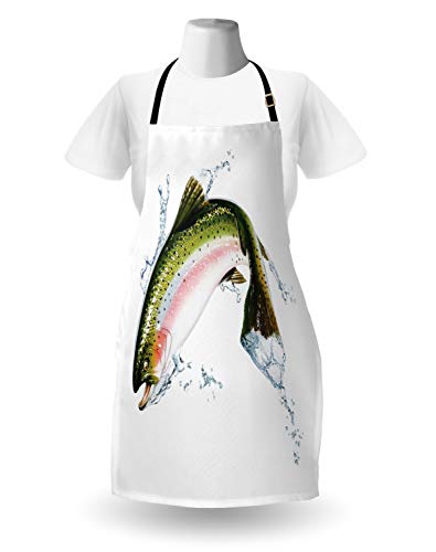 Ambesonne Fish Apron, Salmon Jumping Out Of Water Making Splashes Cartoon Design Photorealistic Airbrush, Unisex Kitchen Bib With Adjustable Neck For Cooking Gardening, Adult Size, White Green #TOP1