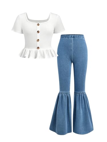 Image of WDIRARA Girl's 2 Piece Outfits Button Front Square Neck Short Sleeve Tee and Ruffle Hem Denim Pants Set