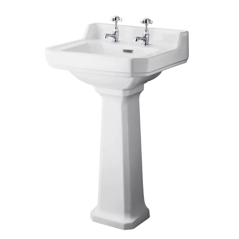 Milano White Richmond Comfort Height Full Pedestal 2 Tap Hole Bathroom Basin Sink - 500Mm X 350Mm