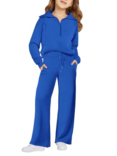 Image of Haloumoning Girls 2 Piece Outfits Sweatsuit Half Zip Long Sleeve Sweatshirts Sweatpants Tracksuit Sets 5-14 years