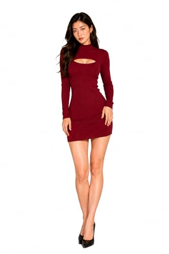 Image of Women's Ribbed Bodycon Mini Dress, Mock Neck, Long Sleeve, Cut-Out Detail, Black, Brown, Green