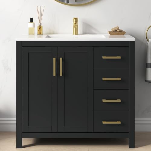 DELUXE LIVING 36 Inch Bathroom Vanity with Sink, Black Single Sink Bathroom Vanity with Integral Top, Modern Bathroom Sink Cabinet with Soft-Closing Doors & Drawers, Adjustable Feet