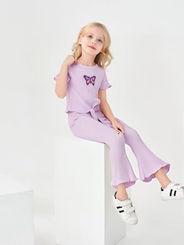 Image of Kid Girl Clothes Butterfly Patch T-Shirt Jogger Pants Ribbed 2PC Summer Fall Outfits Set