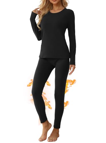 TRENDOUX Women Thermal Underwear Shirts Set Warm Fleece Lined Long Johns Silk Wool Blend Base Layer Top & Bottom Warm Pajama Lounge Wear for Cold Weather - XL Black
