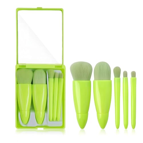 Image of Gleva Travel Size Mini Makeup Brushes Set with Mirror Small Complete Function Cosmetic 5 Pcs Brushes Kit Case Apply to Face Foundation Powder Concealers Eyebrow Eyeshadow (Green)