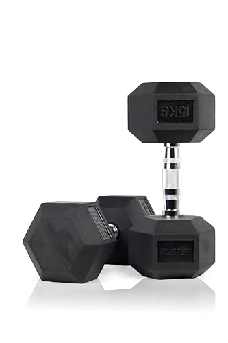 RUSTER Mancuernas Hexagonales 15kg. Set de 2. Goma Resistente, Agarre Seguro