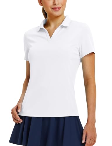 baleaf Women's Golf Shirts Polo Collared V Neck Shorts Sleeve Tennis Shirt Lightweight Quick Dry UPF50+ White L