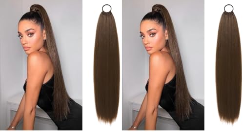 Flufymooz 28 Inch Ponytail Extension, Versatile Elastic Band Ponytail Extension for Women, Long Straight Synthetic Ponytail Daily Hair Chocolate Brown (Pack of 2)