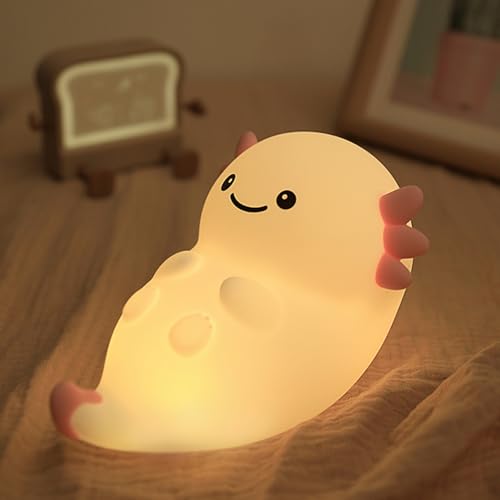Image of Cute White Axolotl Night Light, LED Squishy Night Lamp, Dimmable Timer Nursery Nightlight for Kids, Rechargeable Touch Lamp, Dorm Decor, Kids Funny Gifts(White Axolotl)