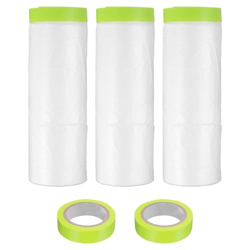 Image of uxcell Pre-Taped Masking Film, 4.9ft x 66ft with 2 Extra Painters Tape, Plastic Drop Cloth with High-Tack Painters Tape for Painting Protection, Green, 3Pcs