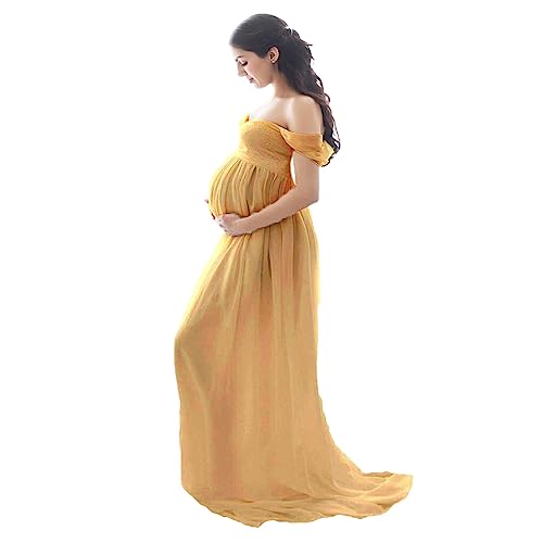 tuwiwol Vestido de fotografía de Maternidad Fuera del Hombro Vestido de Gasa Frente Maxi Embarazo Vestidos Largos Mujeres Photoshoot Prop, Amarillo, L