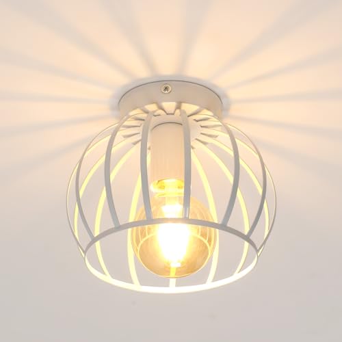 Goeco Deckenleuchte Wei&szlig;, E27 Lampenfassung Industrial Deckenlampe Lampenschirm in Form eines Metallk&auml;figs, Pendelleuchte innen Vintage f&uuml;r Flur, Balkon, &Oslash; 19cm(Gl&uuml;hbirnen nicht inbegriffen)