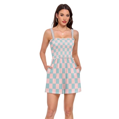 Barboteuse pour femmes à carreaux rétro bleu et rose pour l'été