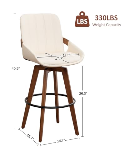 Image of AQG Beige Bar Stools 26 Inch Counter Height Set of 3 Leather Counter Stools with Backs, Mid Century Modern Swivel Counter Height Stools, Upholstered Barstools Wood Frame for Kitchen Counter
