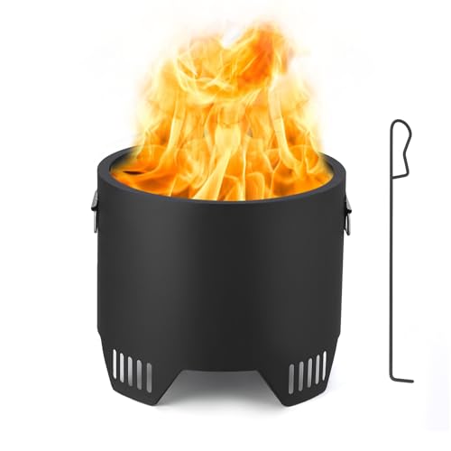 16in Outdoor Iron Smokeless Fire Pit, Low Smoke Outdoor Mini Fire, Outside Bonfire for Backyard, Camping, Picnics, with Firehook, Handle