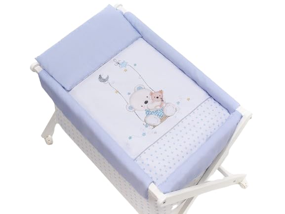 Danielstore Vestidura Minicuna Tijeras Blanco/Azul Osito (No Incluye Estructura) Textil para minicuna bebé. Vestidura + Colcha edredón + Cojín Decorativo de Almohada
