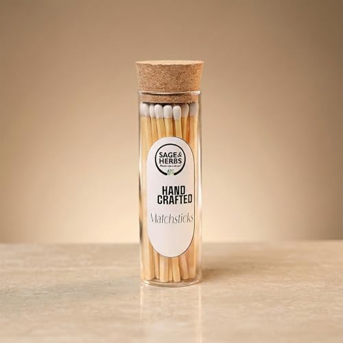 Image of Sage & Herbs Long 35 Matchsticks in a Borosilicated Cork Jar | For Fireplace, Kitchen, Home Temple | Long Burn Time Matcsticks (White, Extra Long)
