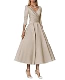 Women's A Line Formal V Neck Wedding Guest Dress in Classic Tea Length with 3/4 Sleeve and Pleats - Classy Champagne Color for Mother of the Bride