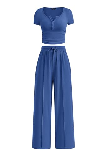 PRETTYGARDEN Womens 2 Piece Outfits Summer 2026 Ribbed Knit Button Short Sleeve Tops Casual Wide Leg Pants Lounge Sets(Blue,Medium)