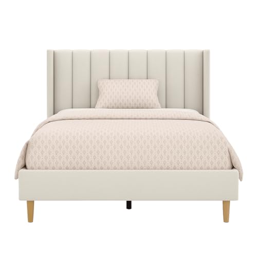 Image of Metal Upholstered Bed King Size Without Storage | Wooden King Size Cot with Headboard | Double Size Bed for Bedroom | Palang Furniture for Guest Room & Hotels, Cream, (Cream)