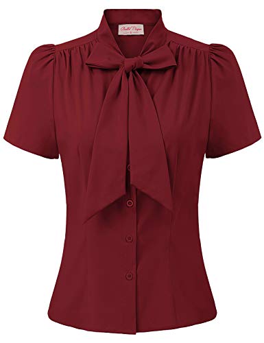 Image of Belle Poque Summer Short Sleeve Office Button Down Blouse Stripe Shirt Tops with Bow Tie BP573