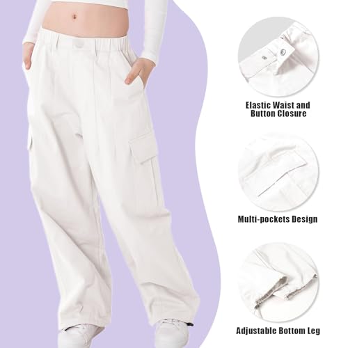 Image of Rolanko Girls Cargo Pants Wide Leg Streetwear Kids Pants with Pockets Trendy Jogger Trousers 4-14 Years