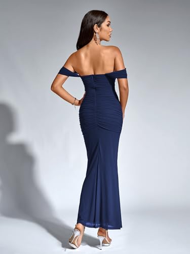 Image of KUTUMAI Off The Shoulder Maxi Long Dress Corset Ruched Bodycon Cocktail Formal Wedding Guest Dresses for Women