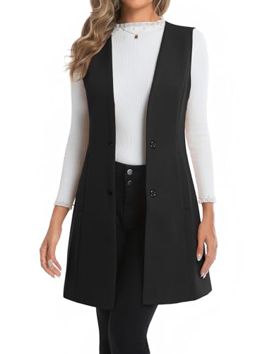 Image of IDEALSANXUN Long Vest for Women Sleeveless Winter Wool Trench Coat 2025 Tweed Blazer Spring Fall Jacket Business Casual Outfits Peacoat, Pure Black, S