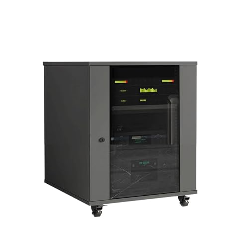 RGZFYH HiFi Rack AV-Medienschrank mit Glastür und Rädern, DVD-Player-Aufbewahrungsschrank mit verstellbaren Regalen und Kabelmanagement, Audio-Rack for KTV TV(Grey,63x57x56cm)