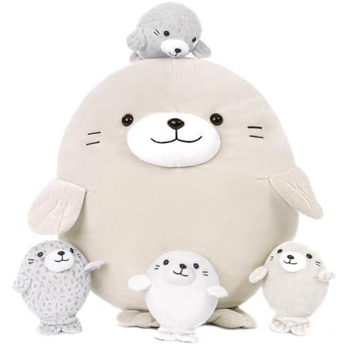 Image of MaoGoLan 5Pcs Fat Seal Plush with 4 Babies Inside - 20 inch Giant Ultra Soft Seal Stuffed Animal Throw Pillow - Squishy Mother-Babies Collection Gift for Seal Lover,Kids,Boys, Gray