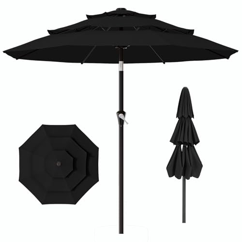 Image of AreShark 9ft 3-Tier Patio Umbrellas, Outdoor Umbrella with 8 Sturdy Ribs UV Protection Windproof, Market Table Umbrella w /Push Button Tilt & Crank for Pool, Porch, Deck, Garden(Black)