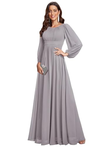 Image of Ever-Pretty Women's Crewneck Long Lantern Sleeves Floor Length A-Line Pleated Chiffon Formal Dress 0106B
